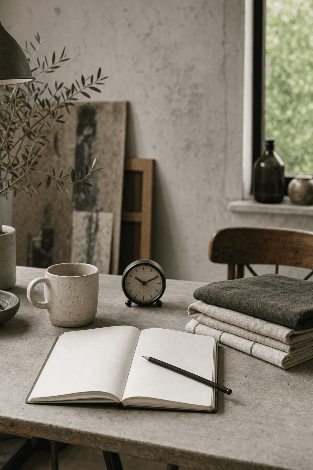 Ruhiger Schreibtisch mit Notizbuch, Uhr und Tasse